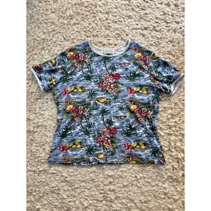 Women's Anxiety Hawaiian Print T-Shirt Blue/White Size 1X retro